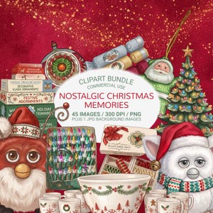 May include: A digital clipart bundle with a festive Christmas theme. The image features various holiday decorations, including ornaments, a Christmas tree, Santa Claus, and a bowl with mugs. The text reads "Nostalgic Christmas Memories".