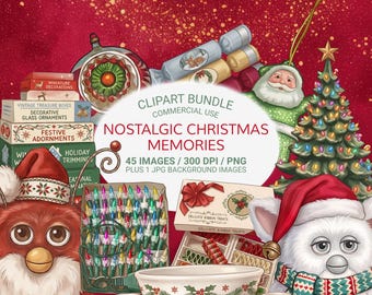 Nostalgic Christmas Clipart Bundle PNG, Retro Holiday Illustrations, Vintage Christmas Graphics, Kitsch Xmas Elements Pack