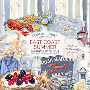Puede incluir: Paquete de imágenes prediseñadas de acuarela con un tema de verano en la costa este. Incluye imágenes de langosta, papas fritas, un mapa de Martha's Vineyard, un faro, un perro en la playa y texto que dice "Fresh Seafood" y "meet me at the harbor at sunset."