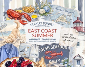 Pacote de imagens PNG de verão na Costa Leste, Clipart de Martha's Vineyard, PNG da Costa de Cape Cod, Clipart de scrapbook náutico de verão, Efêmeros à beira-mar