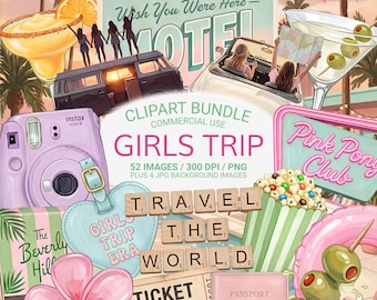 Pacote de imagens PNG para viagem entre amigas, clipart de viagem, PNGs de férias em Palm Springs cor-de-rosa, clipart de scrapbook de verão sensual, estética de piscina de motel, lembranças.