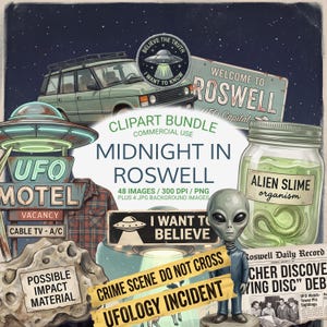 Puede incluir: Un paquete de imágenes prediseñadas digitales con temática OVNI, que presenta un coche verde, un letrero de motel OVNI, una figura alienígena y el texto "Midnight in Roswell". Incluye un tarro de limo alienígena y una cinta de "Escena del crimen".