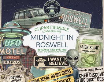 Midnight in Roswell PNG Bundle, Alien Clipart, UFO Scrapbook Kit, Retro Americana PNGs, Area 51 Junk Journal Ephemera, New Mexico