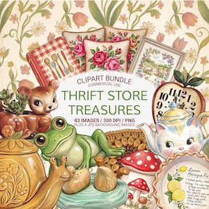 Op de afbeelding: Een verzameling vintage-stijl clipart met een hertenplanter, een groene kikker, een slak, een katten theepot en een paddenstoel. De afbeelding bevat een ingelijste foto, kussens met bloemmotieven en de tekst "Thrift Store Treasures".
