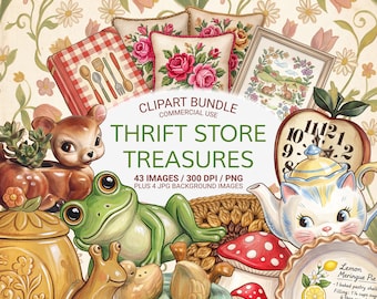 Thrift Store Treasures PNG Bundle, Cozy Cottagecore Ephemera, Vintage Kitchen Clipart, Grandmacore Junk Journal PNGs, Retro Flea Market Art