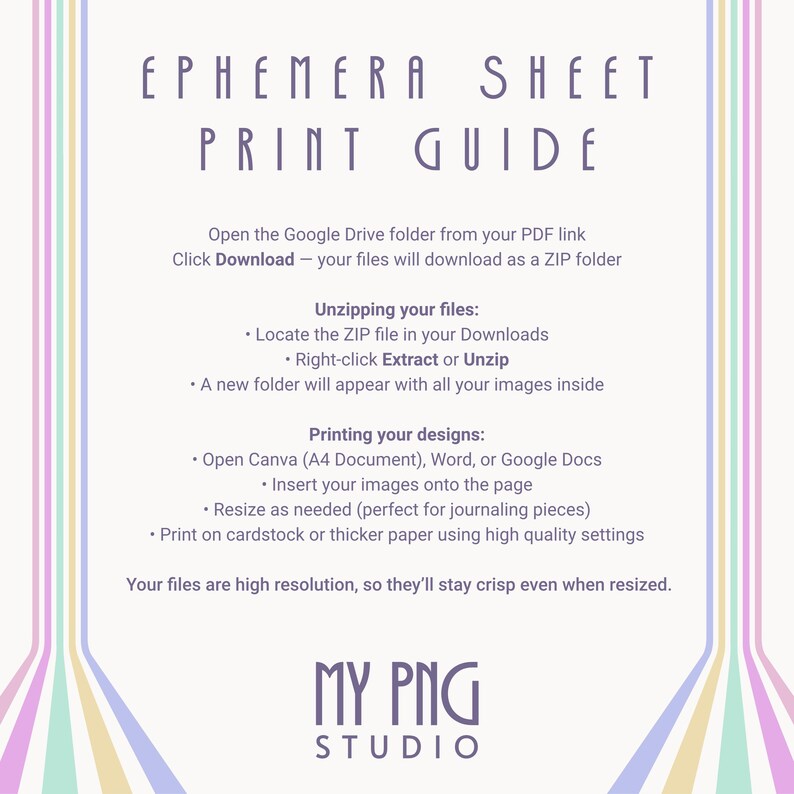 Printable ephemera sheet guide for My PNG Studio showing how to download ZIP folders from Google Drive, unzip digital files, print journaling elements, and use PNG clipart in Canva, Word, and Google Docs