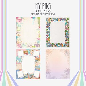 Scrapbook background paper previews featuring Venice Beach graffiti textures, pastel palm trees, layered ephemera collage layouts, and decorative junk journal page borders for summer scrapbooking.