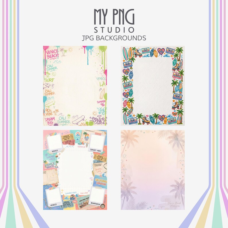 Scrapbook background paper previews featuring Venice Beach graffiti textures, pastel palm trees, layered ephemera collage layouts, and decorative junk journal page borders for summer scrapbooking.