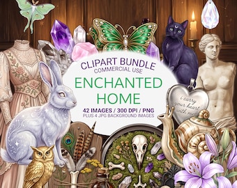 Enchanted Home Clipart Bundle PNG, Witchy Decor Clipart, Gothic Cottagecore PNG, Celestial Home Decor, Fantasy Ephemera, Dark Academia
