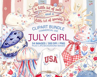 July Girl PNG Bundle, Coastal Americana Clipart, Fourth of July Summer PNG, Patriotic Beach Clipart, Red White Blue Junk Journal Ephemera