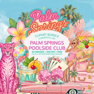 Könnte beinhalten: Lebendige digitale Illustration mit einem rosa Leoparden, Würfeln, Spielkarten und einem Oldtimer. Das Bild enthält eine Frau im Badeanzug, Cocktails und den Text "Palm Springs Poolside Club".