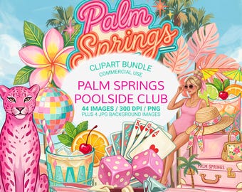 Palm Springs Clipart Bundle PNG, Retro Poolside Summer, Vintage Resort, Pink Leopard, Cocktail PNGs, Commercial Use