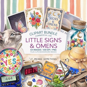 Little Signs & Omens PNG Bundle, Magical Ephemera Clipart, Good Luck Signs, Everyday Omens, Junk Journal, Sticker Graphics, Commercial Use