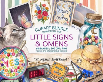 Little Signs & Omens PNG Bundle, Magical Ephemera Clipart, Good Luck Signs, Everyday Omens, Junk Journal, Sticker Graphics, Commercial Use