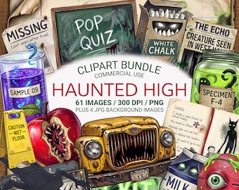 Haunted School Clipart Bundle, 61 Horror PNG Images, Cursed Classroom Monsters, Scary School Ephemera, Halloween Monster Art, Commercial Use