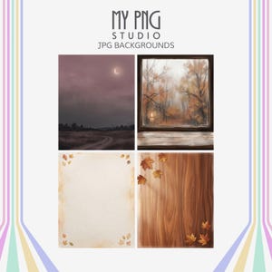 Autumn aesthetic JPG backgrounds featuring rainy window scenes, moody purple landscape, cozy wooden tabletop, and vintage cream scrapbook paper with scattered fall leaves.