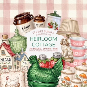 May include: A collection of vintage-style kitchen and home decor items. Includes jars labeled "LARD" and "BUTTER", a green chicken-shaped dish, a lamp, and pink floral casserole dishes. The image has a watercolor aesthetic with the text "HEIRLOOM COTTAGE".