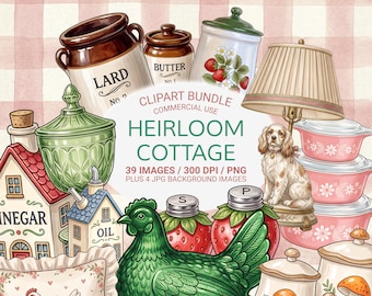 Heirloom Cottage Clipart Bundle PNG, Vintage Cottagecore Decor PNG, Grandmacore Kitchen Clipart, Shabby Chic Floral PNG Set