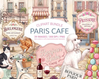 Paris Cafe Clipart Bundle, French Bakery PNG, Coquette Paris Aesthetic, Patisserie Graphics, Vintage Paris Elements, Commercial Use