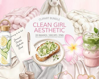 Clean Girl Aesthetic Clipart Bundle PNG, Neutral Lifestyle Elements, Self Care Graphics, Matcha, Skincare, Cozy Home, 39 PNGs