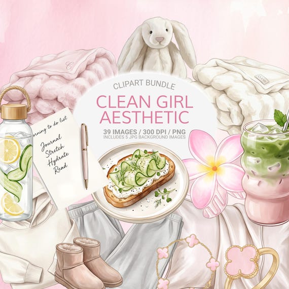 Clean Girl Aesthetic Clipart Bundle PNG, Neutral Lifestyle Elements, Self Care Graphics, Matcha, Skincare, Cozy Home, 39 PNGs