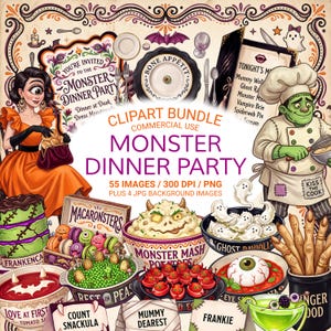 May include: A digital clipart bundle featuring a Monster Dinner Party theme with illustrations of a cyclops, a Frankenstein chef, themed food like ghost ravioli, monster mash potatoes, and eye soup, plus invitations and menus with text.