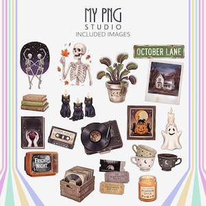 Vintage spooky autumn PNG collection with skeleton art, October Lane street sign, Venus flytrap, vinyl records, black cat candles, ghost candle, spooky framed art, and retro Halloween aesthetic objects.