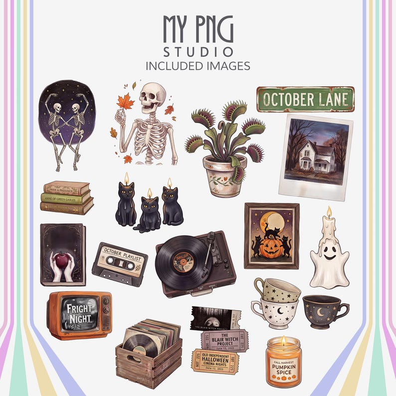 Vintage spooky autumn PNG collection with skeleton art, October Lane street sign, Venus flytrap, vinyl records, black cat candles, ghost candle, spooky framed art, and retro Halloween aesthetic objects.