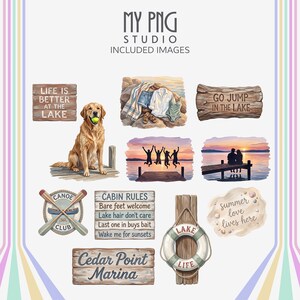 Americana summer lake clipart featuring golden retriever on dock, canoe club emblem, rustic wooden signs, lake life typography, sunset silhouettes, lifebuoy decor, and nostalgic lakeside vacation graphics