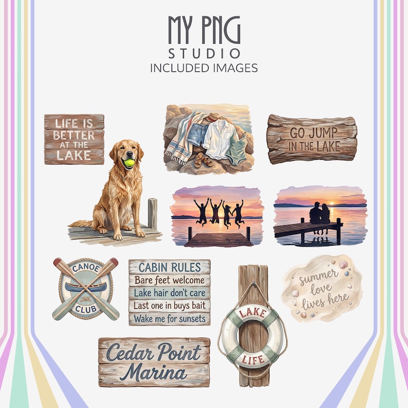 Americana summer lake clipart featuring golden retriever on dock, canoe club emblem, rustic wooden signs, lake life typography, sunset silhouettes, lifebuoy decor, and nostalgic lakeside vacation graphics