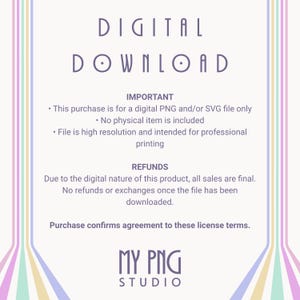 Digital download information card explaining that the purchase includes high-resolution PNG and SVG files only with no physical item shipped.