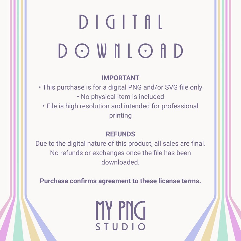 Digital download information card explaining that the purchase includes high-resolution PNG and SVG files only with no physical item shipped.