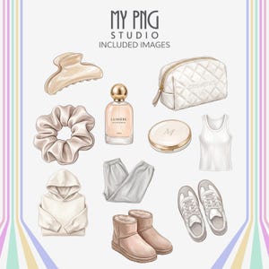 Aesthetic clipart elements for sticker shops and print on demand featuring girly neutral objects and clean modern lifestyle visuals

Minimalist girly PNG graphics with transparent background including fashion items, accessories, and cozy home decor
