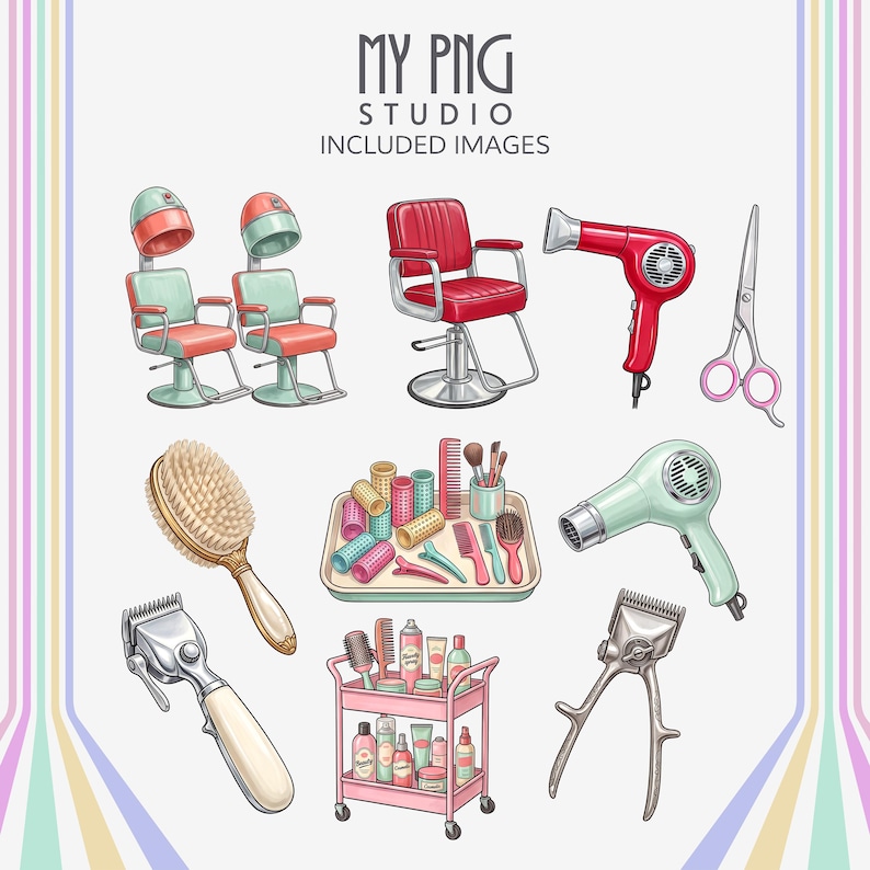 Parlor Tools Drawing Retro Beauty Salon Clipart Bundle PNG, Vintage Beauty Parlor Clipart ...