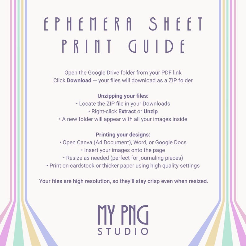 Ephemera sheet print guide for clipart bundle showing how to download, unzip files, and print PNG images on cardstock for journaling and scrapbooking projects