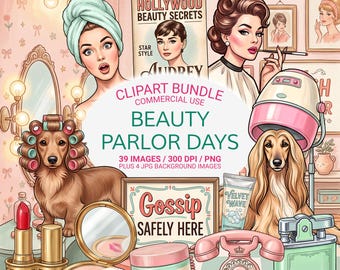 Retro Beauty Salon Clipart Bundle PNG, Vintage Beauty Parlor Clipart, Pink Salon Aesthetic, Feminine Journaling PNG, Commercial Use