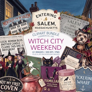 Salem Witch Clipart Bundle, Witch City Weekend PNG, 61 Images, Halloween Ephemera, Salem Massachusetts, New England Witch Art