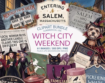 Salem Witch Clipart Bundle, Witch City Weekend PNG, 61 Images, Halloween Ephemera, Salem Massachusetts, New England Witch Art