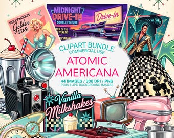 Atomic Americana Clipart Bundle PNG, Retro Diner PNG, 1950s Ephemera, Mid Century Clipart, Rockabilly Scrapbook, Retro Kitchen PNG