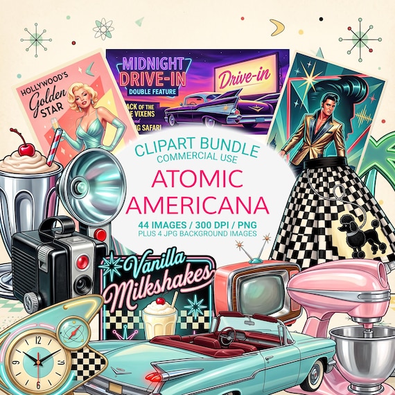 Atomic Americana Clipart Bundle PNG, Retro Diner PNG, 1950s Ephemera, Mid Century Clipart, Rockabilly Scrapbook, Retro Kitchen PNG