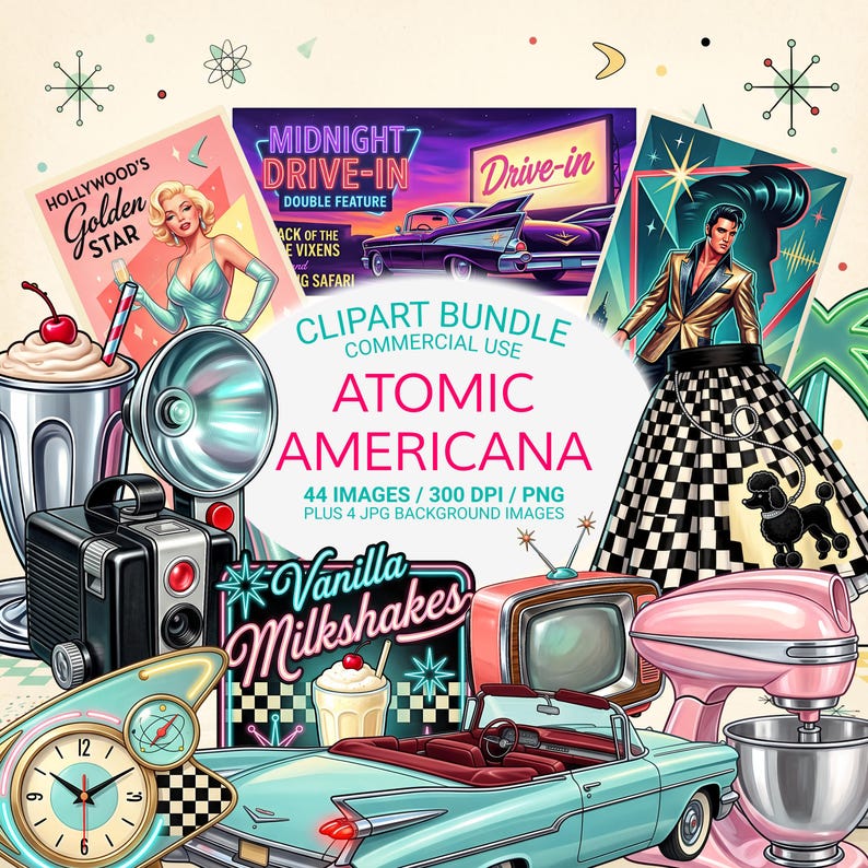 Atomic Americana clipart bundle cover image featuring retro diner signs, milkshakes, vintage car, vintage camera, atomic decor, retro posters, and mid-century Americana aesthetic.