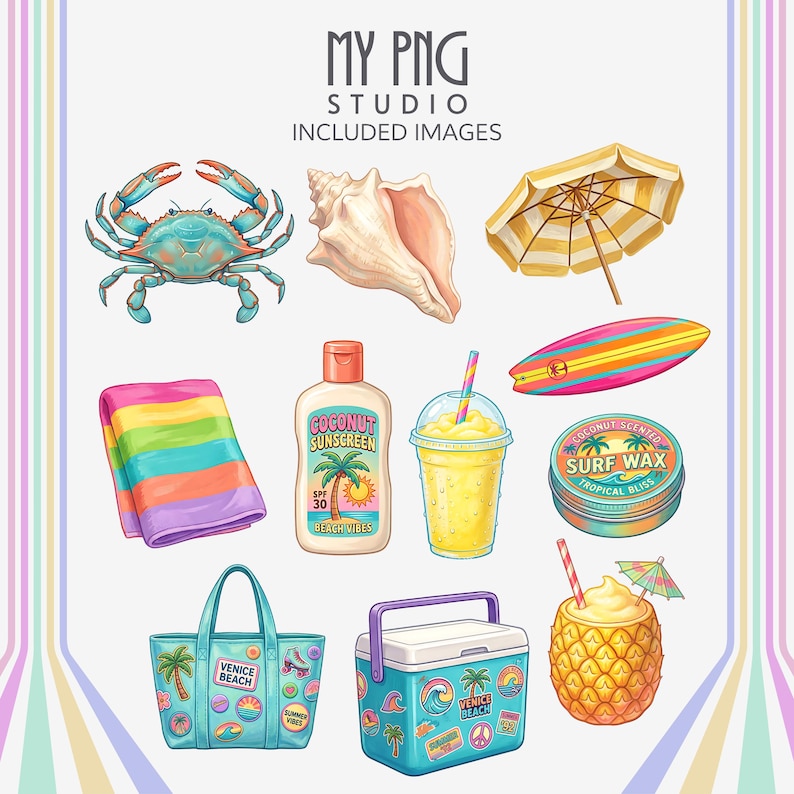 Included tropical Venice Beach clipart elements featuring painted crab, large conch shell, striped beach umbrella, rainbow towel, coconut sunscreen bottle, surfboard, frozen lemonade drink, surf wax tin, beach tote bag, and retro cooler.