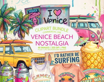 Venice Beach Clipart Bundle PNG, Retro California Scrapbook Graphics, Surf Summer Junk Journal Ephemera, Beach PNGs, Commercial Use