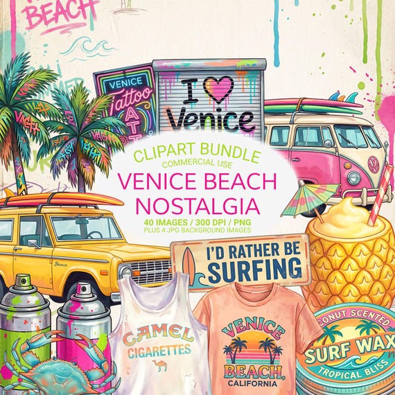 Venice Beach Clipart Bundle PNG, Retro California Scrapbook Graphics, Surf Summer Junk Journal Ephemera, Beach PNGs, Commercial Use