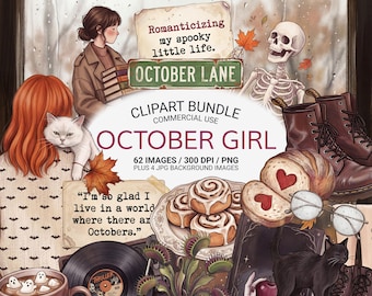 October Girl PNG Bundle, Cozy Fall Clipart, Spooky Autumn Aesthetic PNGs, Bookish Halloween Ephemera, Cottagecore Fall Junk Journal