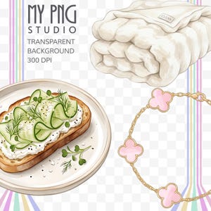 Digital download clipart bundle preview showing clean girl aesthetic elements with text indicating 39 PNG files and 5 JPG backgrounds included at 300 DPI

Transparent background PNG preview showing high-resolution aesthetic elements including cucumber toast, matcha drink, jewelry and cozy lifestyle items
