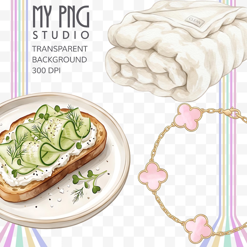 Digital download clipart bundle preview showing clean girl aesthetic elements with text indicating 39 PNG files and 5 JPG backgrounds included at 300 DPI

Transparent background PNG preview showing high-resolution aesthetic elements including cucumber toast, matcha drink, jewelry and cozy lifestyle items