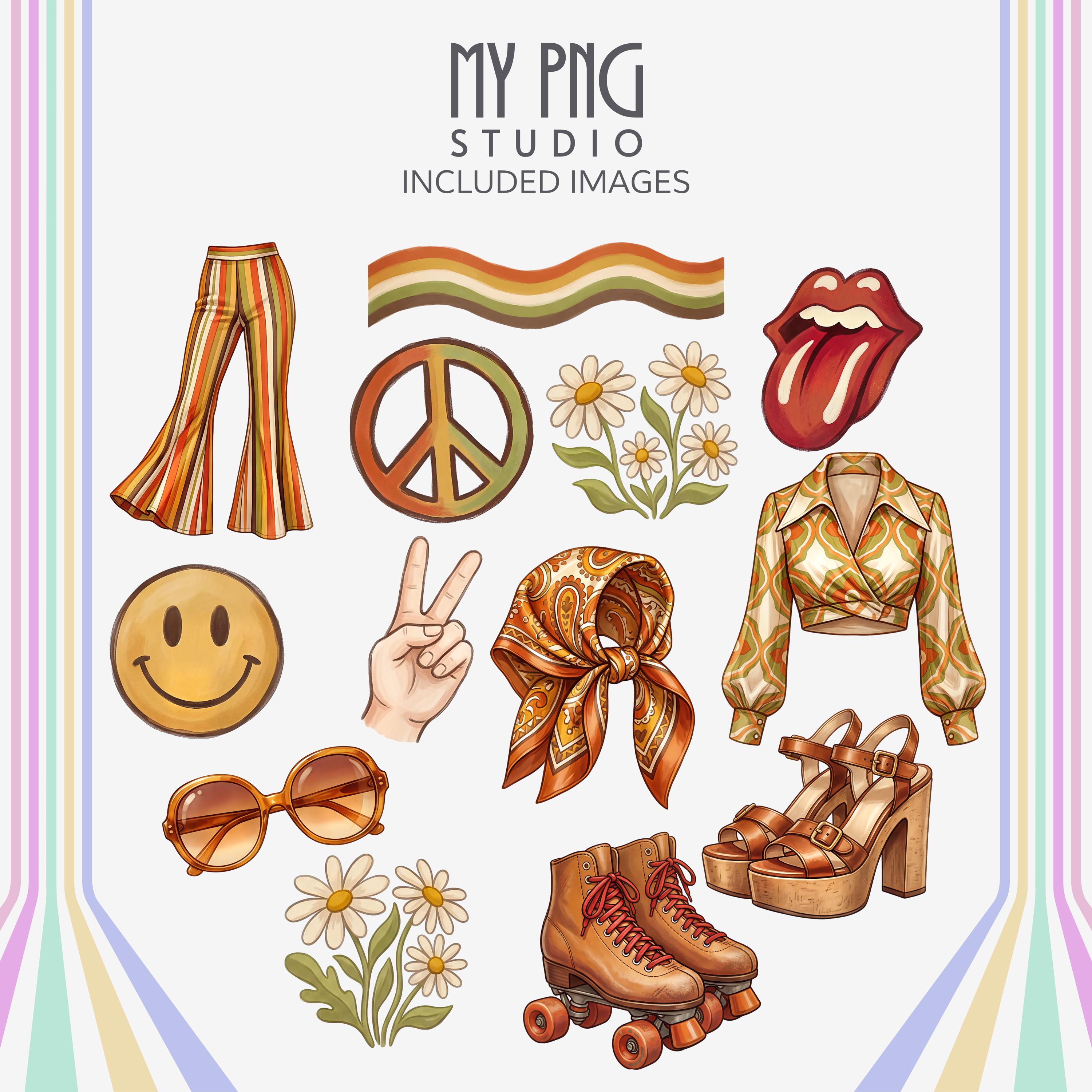 70s Nostalgia PNG Bundle, Retro Clipart Pack, Vintage Hippie Graphics ...