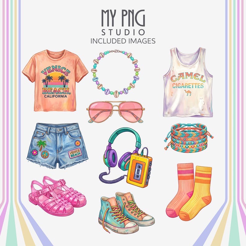 Included Venice Beach fashion and accessory clipart featuring retro Venice Beach t-shirt, shell necklace, vintage Camel tank top, jelly sandals, cassette player headphones, woven bracelets, sneakers, denim shorts, and striped socks.