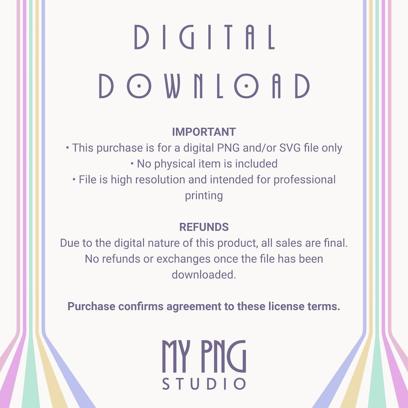 Digital download information image explaining PNG and SVG file format details, high-resolution printing information, and no physical item shipping policy.